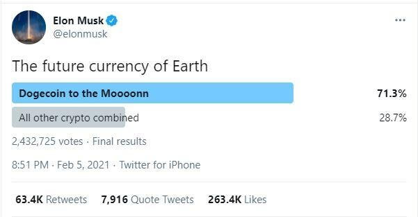 A twitter poll from Elon Musk asking about the currency of the future